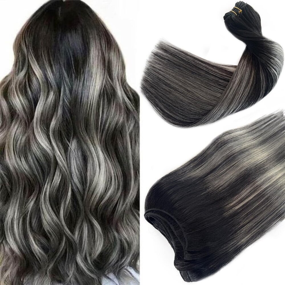 24 Inch Human Hair Extensions Sew In Wefts Natural Black Silver Straight Women